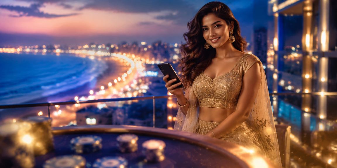 Person holding mobile phone with casino app open near Chennai Marina Beach