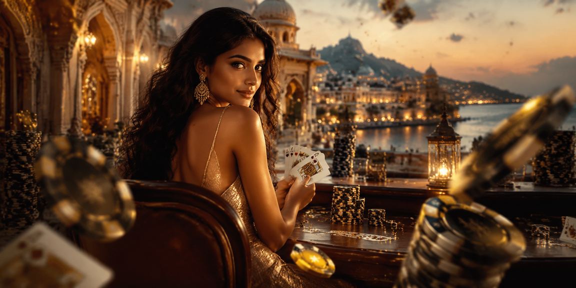 Indian player using mobile poker app with traditional decor backdrop