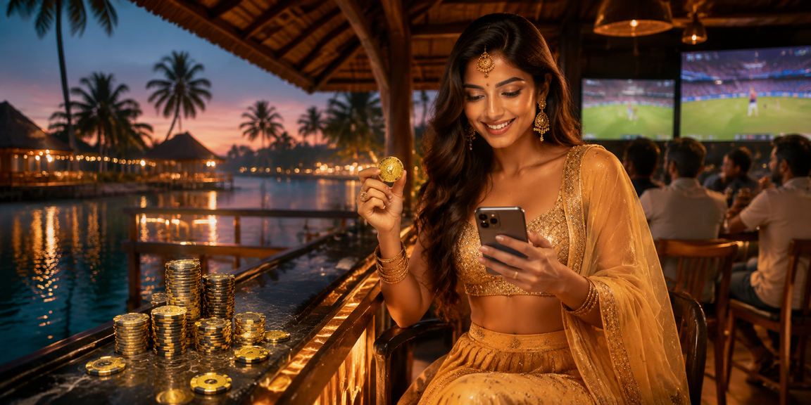 Woman holding smartphone for cricket betting wearing traditional lehenga in Kerala