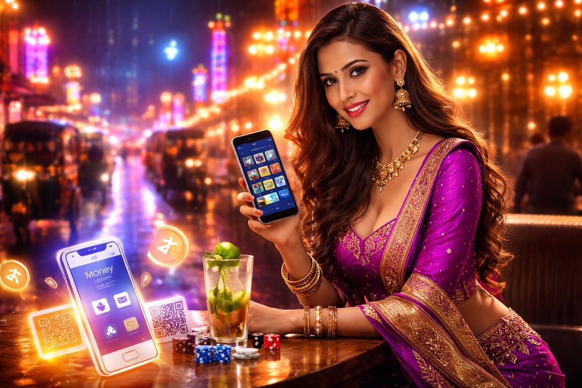Mobile device showing a secure payment app in neon Mumbai cityscape